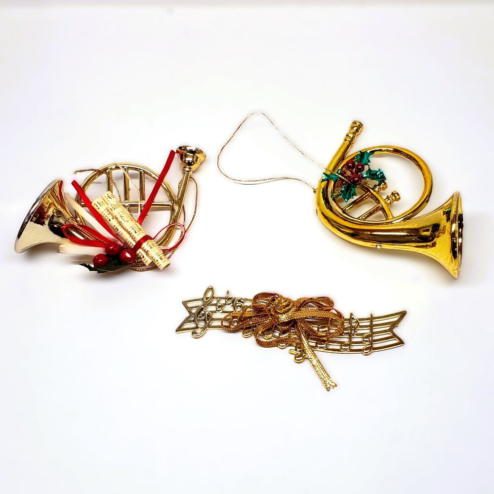Vtg French Horn Musical Score Christmas Ornament Lot x3 Plastic Gold Clef 5"